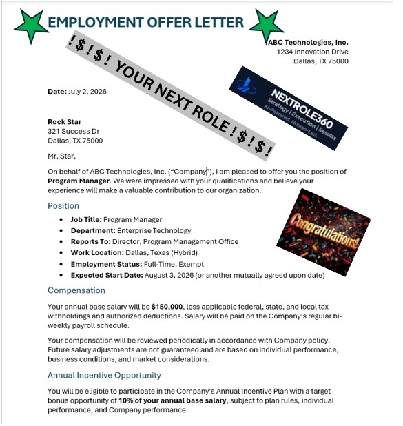 Sample employment offer letter secured through NextRole360